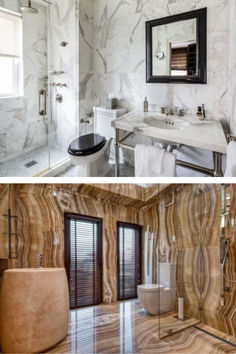 2 Primary Bathroom with Pedestal Sink, Marble Walls, and Walk-in Shower Area Marble Walls, Toilet Decor