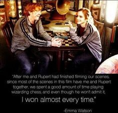 two people sitting at a table with a chess board in front of them and the words, after me and rupert had finished finishing our scenes