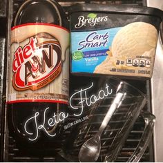 an ice cream and soft drink are in the refrigerator