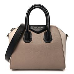 This is an authentic GIVENCHY Sugar Goatskin Mini Tri-Color Antigona in Linen. This elegant bag is crafted of luxurious grained goat leather in two shades of beige. The shoulder bag features black leather top handles, black leather shoulder strap, polished silver hardware, and expansive sides. The top opens with a zipper to a beige fabric interior with zipper and patch pockets. Luxury Beige Pebbled Leather Shoulder Bag, Luxury Taupe Textured Leather Bag, Luxury Beige Textured Leather Satchel, High-end Beige Bag With Leather Lining, Beige Epsom Leather Evening Bag, Beige Epsom Leather Bag For Evening, Luxury Cream Textured Leather Satchel, Designer Beige Calf Leather Bag, High-end Beige Calf Leather Bag