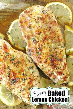 baked lemon chicken is shown in a pan