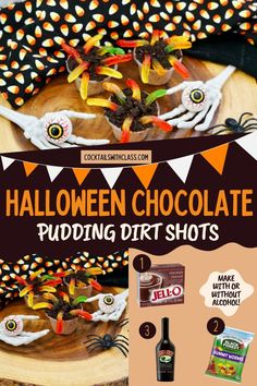 Halloween Pudding Shots Pudding Jello Shots, Halloween Pudding Shots, Halloween Dirt Pudding, Halloween Pudding, Candy Corn Jello Shots, Pudding Shot Recipes, Jelly Worms, Halloween Jello