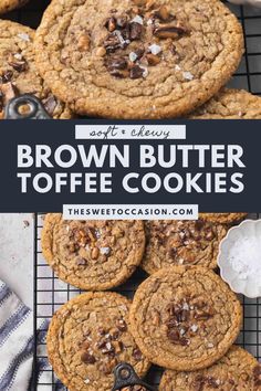 brown butter toffe cookies on a cooling rack