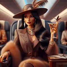 a woman wearing a hat and holding a martini glass in her hand while sitting on an airplane