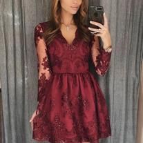 lovingdress on Storenvy Cocktail Party Outfit, Long Sleeve Homecoming Dresses, Lace Prom Dresses, Burgundy Shorts, Make Your Own Dress, Homecoming Dresses Long, Burgundy Lace, Short Homecoming Dress, Lace Homecoming Dresses