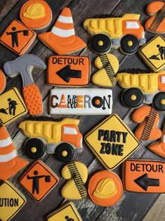 decorated cookies with construction signs and symbols on them