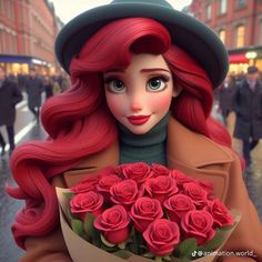 a woman with long red hair holding a bouquet of roses