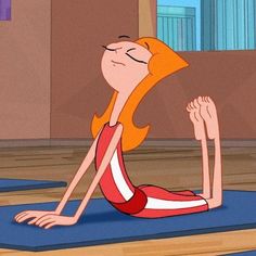 a cartoon character is doing yoga on the floor