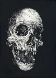 a black and white photo of a skull with one eye open on a black background