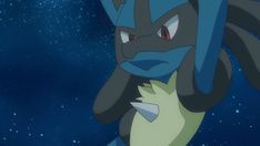 an animated image of a blue and black pokemon with stars in the sky behind it