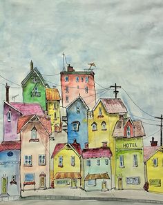 this is a painting of some houses on the street with power lines in the background