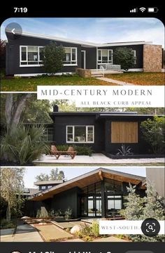 the mid century modern house plan is shown in three different views