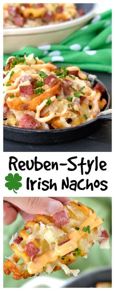 a collage of photos showing different types of food and the words reuben - style irish nachos