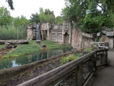 a wooden fence next to a small pond