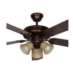 a ceiling fan with three light shades on it's blades and two lights in the middle