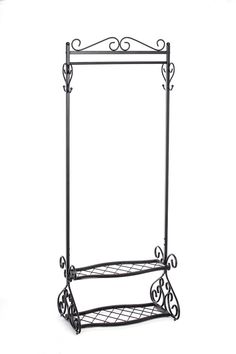 a black metal rack with two shelves on it