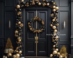 a black and gold christmas wreath on the front door to a house decorated with ornaments