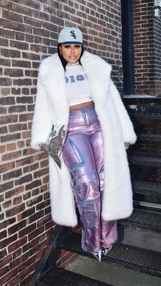 Chrome Pants, Purple Fur Coat Outfit, Akira Fashion, Fur Coat Black Woman, Rave Fur Coat, Boujee Fur Coat Outfit, Outfit Baddie, Megan Thee Stallion Fur Coat, Trendy Outfit Inspo