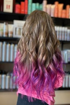 Color On The Ends Of Hair, Pink And Purple Tips Hair, Magenta Tips Hair, Colorful Ends Of Hair, Hair Color For Kids Girls Summer, Color Ends Of Hair, Pink Hair For Kids, End Of Hair Dyed, Hair Dipped Ends