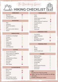 the hiking checklist for hikers is shown in pink and white with red dots