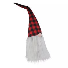 a red and black plaid gnome hat with long white hair