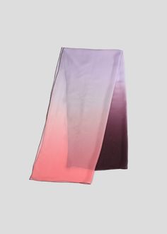 Paula Hian designer scarf. 100% French silk. Plum, lavender and pink silk chiffon ombre scarf. 26" x 52". #paulahian #silkscarf #frenchsilkscarf #scarfstyle #scarfstyles #scarfoutfit #chiffonscarf #designerscarf #redscarf #orangescarf #sheerscarf #ombrescarf #springscarf Purple Silk Scarves For Formal Occasions, Elegant Purple Scarves For Spring, Elegant Purple Scarf For Spring, Formal Purple Silk Scarves, Formal Purple Silk Scarf, Pink Silk Shawl Scarf, Elegant Purple Silk Scarf, Ombre Scarf, Artistic Pink Silk Scarf