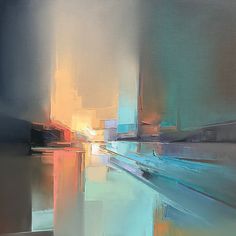 an abstract painting of buildings and water