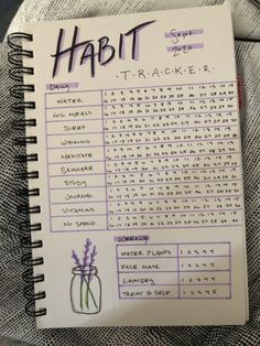 a spiral notebook with writing on it that says habit trackerr next to a cup of coffee