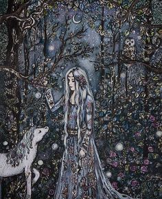 a drawing of a woman with long hair standing next to a white dog in the woods