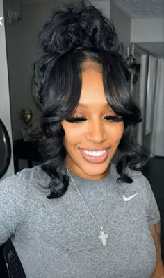 Wedding Updos For Black Hair, Pinups Hairstyles For Black Women, Curled Updo Black Women, Bridal Hair Updo Black Women With Crown, Matron Of Honor Hairstyles Black Women, Updo Pinup Hairstyles For Black Women, Half Pony Hairstyles Black Women, Hairstyles For Black Women Updo Half Up, Bridesmaid Hairstyles Black Women Classy