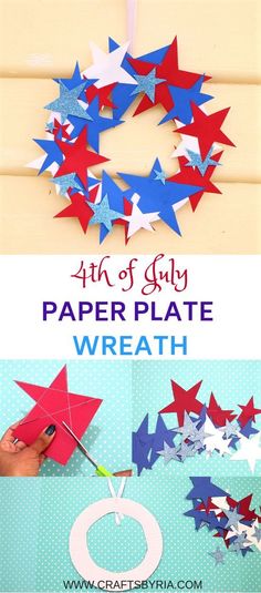 the fourth of july paper plate wreath is made with red, white and blue stars