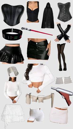 several different types of clothes and accessories are shown in this image, including skirts, bras, stockings, gloves, belted belts, boots, panties