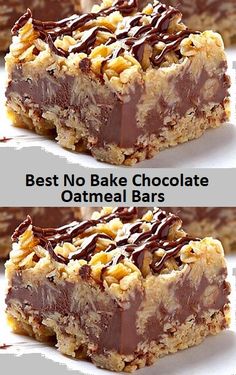 no bake chocolate oatmeal bars are stacked on top of each other