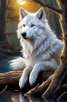 a white wolf sitting on top of a tree branch in the woods next to water