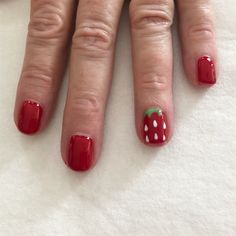 Nails #strawberry #red #nails #naildesign #nailart #food #shellac #gelpolish #opi Short Nails Nail Polish Simple, Nail Ideas Cottagecore, Easy Shellac Nail Designs, Twee Style Nails, Red Nails Strawberry, Simple Nail Designs On Natural Nails, Red Shellac Nails Design, Easy Strawberry Nails, Strawberry Accent Nail