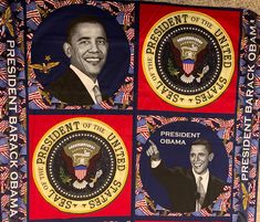 the obama presidential banner is on display in front of an american flag and two presidents