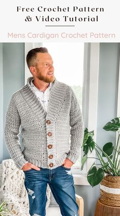 a man standing in front of a window wearing a cardigan crochet pattern