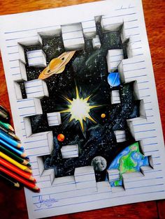 an image of a paper cut out with space and stars on it, as well as some pencils