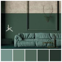 a living room filled with furniture and walls painted in shades of gray, green, and brown