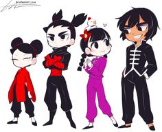 three cartoon characters are dressed in black, red and purple outfits with their faces drawn to look like they're from mickey mouse