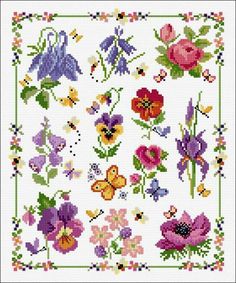 a cross stitch pattern with flowers and butterflies