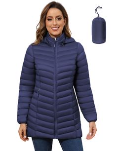 PRICES MAY VARY. 𝑳𝑰𝑮𝑯𝑻𝑾𝑬𝑰𝑮𝑯𝑻 𝑩𝑼𝑻 𝑾𝑨𝑹𝑴: This womens puffer jacket is filled with high-quality down alternative polyester, which is warm and lightweight. The detachable hood and full-zip with under fly help to trap the warmth and prevent cold air from entering 𝑪𝑶𝑵𝑽𝑬𝑵𝑰𝑬𝑵𝑻 𝑻𝑶 𝑷𝑨𝑪𝑲: The lightweight packable puffer jacket could be rolled into a color matched drawstring bag, reducing carry-on and travelling backpack space. The pouch is a good idea for using as a neck p Navy Hooded Winter Puffer Jacket, Blue Hooded Puffer Jacket With Pockets, Blue Hooded Puffer Jacket With Padded Collar, Blue Down Puffer Jacket With Zipper Closure, Women's Puffer Coats, Winter Puffer Jackets, Womens Puffer Vest, Cold Prevention, Long Puffer Coat