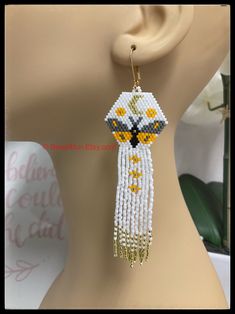 Beaded Butterfly and Crescent Moon Flower Fringe Earrings. - Etsy Bohemian Dangle Jewelry With Butterfly Charm, Bohemian Jewelry With Butterfly Charm Dangle, White Beaded Butterfly-shaped Jewelry, White Beaded Butterfly Shaped Jewelry, White Beaded Butterfly Jewelry, Bohemian Butterfly Shaped Beaded Jewelry, Bohemian Butterfly Beaded Jewelry, Bohemian Butterfly Jewelry For Festivals, Bohemian Butterfly Jewelry