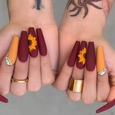 Sunflower Nail Art, Sunflower Nails, Stylish Nails Designs, Cute Acrylic Nail Designs, Thanksgiving Nails