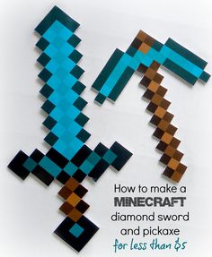 How to make a minecraft diamond sword and diamond pickaxe | KerryAnnMorgan.com Diamond Pickaxe, Minecraft Diy Crafts, Minecraft Diy, Minecraft Diamond, Minecraft Character, Pixel Art Minecraft