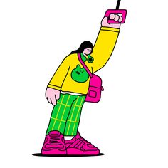 a person holding up a cell phone in the air while wearing green and pink pants