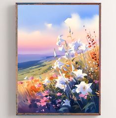 a painting of white flowers in a field with blue sky and clouds behind it on a wall