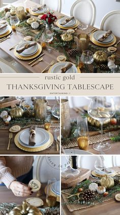 a collage of photos showing the table setting for thanksgiving dinner with gold plates and silverware