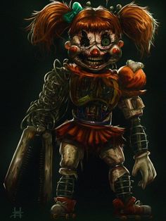 a creepy clown with red hair and green eyes