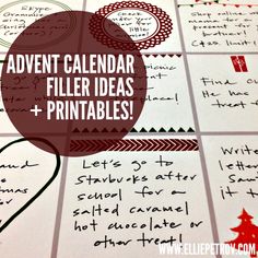 a calendar with writing on it and the words,'advent calendar filler ideas + printables '